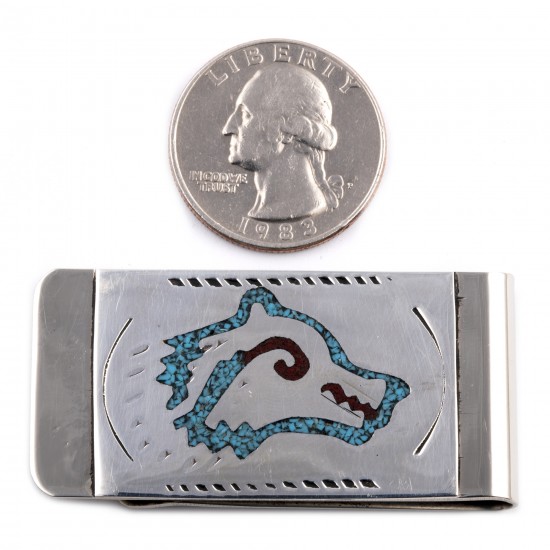 Wolf Head .925 Sterling Silver Certified Authentic Handmade Navajo Native American Natural Turquoise Coral Money Clip 11253-14 All Products NB180604225547 11253-14 (by LomaSiiva) Wolf Head .925 Sterling Silver Certified Authentic Handmade Navajo Native American Natural Turquoise Coral Money Clip 11253-14 All Products NB180604225547 11253-14 (by LomaSiiva)
