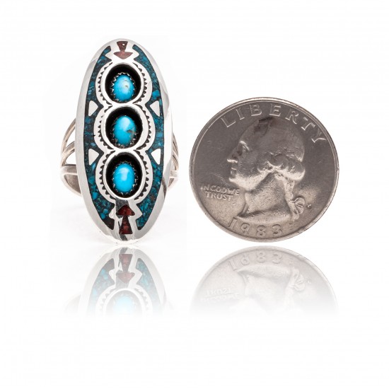 Arrow Shadow Box Natural Turquoise Chipped inlay Turquoise and Coral .925 Sterling Silver Certified Authentic Navajo Native American Handmade Ring 13204-6 All Products NB181009165427 13204-6 (by LomaSiiva) Arrow Shadow Box Natural Turquoise Chipped inlay Turquoise and Coral .925 Sterling Silver Certified Authentic Navajo Native American Handmade Ring 13204-6 All Products NB181009165427 13204-6 (by LomaSiiva)