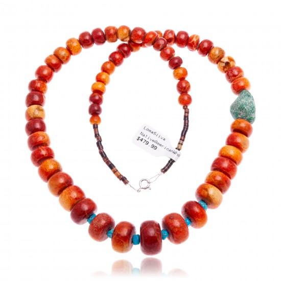 Limited Edition Natural Turquoise and Apple Sponge Coral .925 Sterling Silver Certified Authentic Navajo Native American Necklace 25570 All Products NB160108003820 25570 (by LomaSiiva) Limited Edition Natural Turquoise and Apple Sponge Coral .925 Sterling Silver Certified Authentic Navajo Native American Necklace 25570 All Products NB160108003820 25570 (by LomaSiiva)