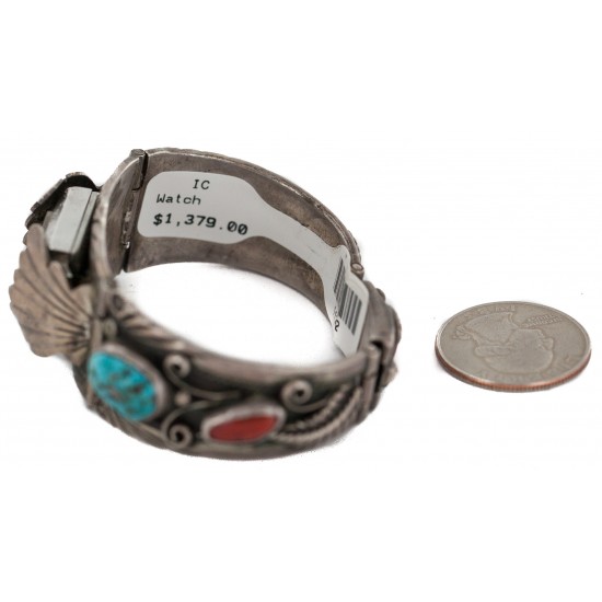 .925 Sterling Silver Handmade Certified Authentic Signed Navajo Natural Turquoise Coral Native American Watchband 1132 All Products NB160406070046 1132 (by LomaSiiva) .925 Sterling Silver Handmade Certified Authentic Signed Navajo Natural Turquoise Coral Native American Watchband 1132 All Products NB160406070046 1132 (by LomaSiiva)