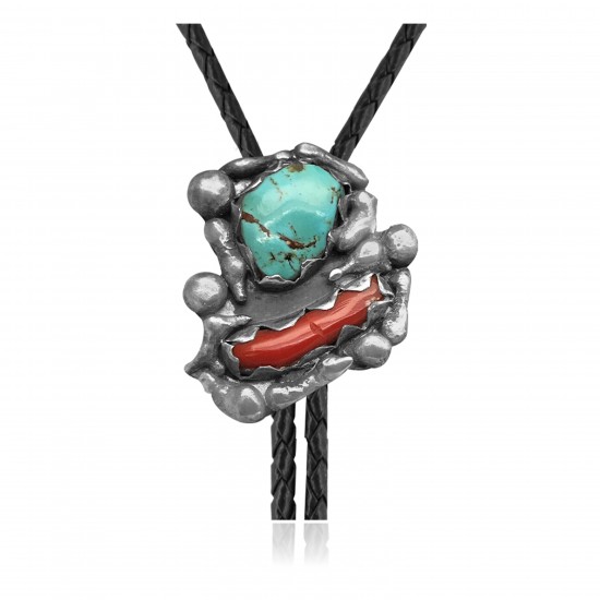 Handmade Certified Authentic Navajo .925 Sterling Silver Native American Natural Turquoise Coral Bolo Tie 34170 Handmade Certified Authentic Navajo .925 Sterling Silver Native American Natural Turquoise Coral Bolo Tie 34170