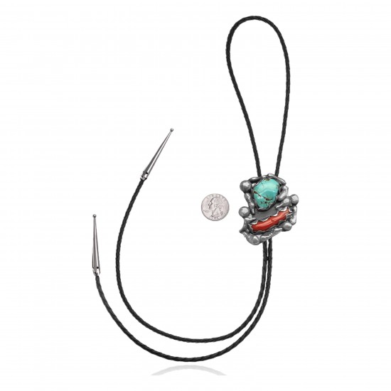 Handmade Certified Authentic Navajo .925 Sterling Silver Native American Natural Turquoise Coral Bolo Tie 34170 Handmade Certified Authentic Navajo .925 Sterling Silver Native American Natural Turquoise Coral Bolo Tie 34170
