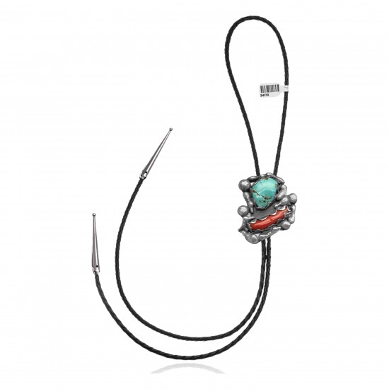 Handmade Certified Authentic Navajo .925 Sterling Silver Native American Natural Turquoise Coral Bolo Tie 34170 Handmade Certified Authentic Navajo .925 Sterling Silver Native American Natural Turquoise Coral Bolo Tie 34170