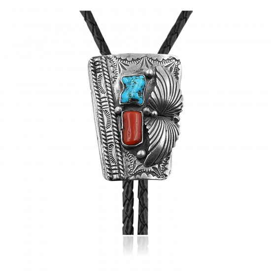 Feather .925 Sterling Silver Certified Authentic Handmade Navajo Native American Natural Turquoise Coral Bolo Tie 34173 Feather .925 Sterling Silver Certified Authentic Handmade Navajo Native American Natural Turquoise Coral Bolo Tie 34173