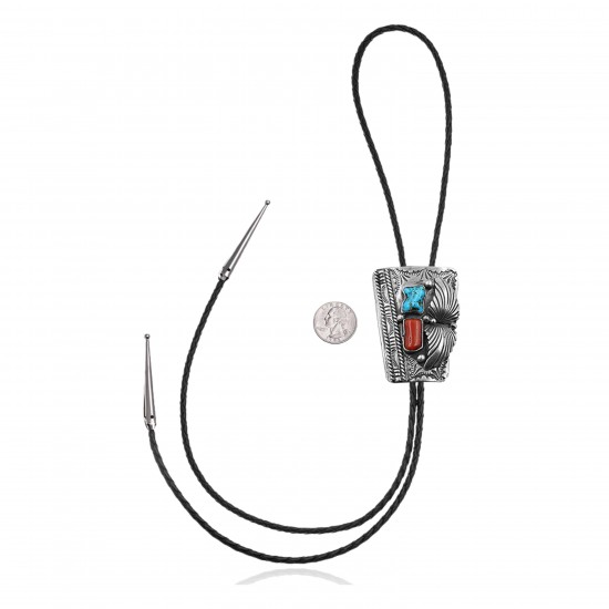 Feather .925 Sterling Silver Certified Authentic Handmade Navajo Native American Natural Turquoise Coral Bolo Tie 34173 Feather .925 Sterling Silver Certified Authentic Handmade Navajo Native American Natural Turquoise Coral Bolo Tie 34173