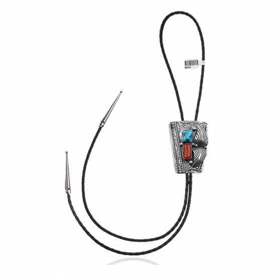 Feather .925 Sterling Silver Certified Authentic Handmade Navajo Native American Natural Turquoise Coral Bolo Tie 34173 Feather .925 Sterling Silver Certified Authentic Handmade Navajo Native American Natural Turquoise Coral Bolo Tie 34173