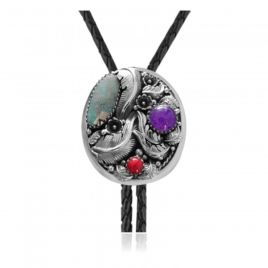 Feather .925 Sterling Silver Certified Authentic Handmade Navajo Native American Natural Turquoise Coral Bolo Tie 34182 Feather .925 Sterling Silver Certified Authentic Handmade Navajo Native American Natural Turquoise Coral Bolo Tie 34182