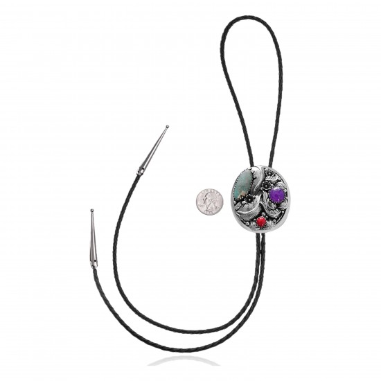 Feather .925 Sterling Silver Certified Authentic Handmade Navajo Native American Natural Turquoise Coral Bolo Tie 34182 Feather .925 Sterling Silver Certified Authentic Handmade Navajo Native American Natural Turquoise Coral Bolo Tie 34182