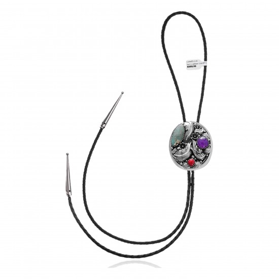 Feather .925 Sterling Silver Certified Authentic Handmade Navajo Native American Natural Turquoise Coral Bolo Tie 34182 Feather .925 Sterling Silver Certified Authentic Handmade Navajo Native American Natural Turquoise Coral Bolo Tie 34182