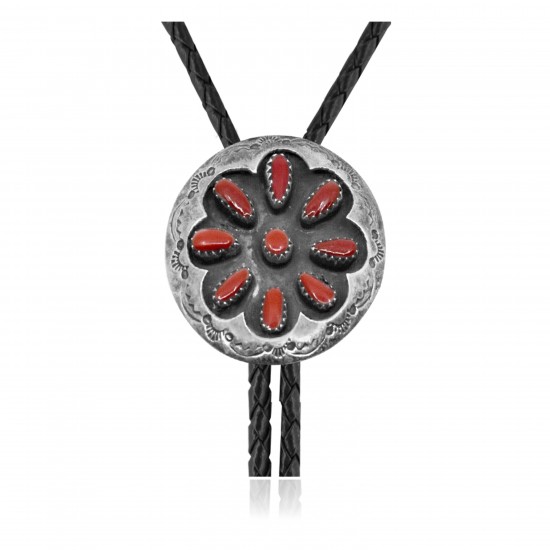 Handmade Certified Authentic Navajo .925 Sterling Silver Native American Coral Bolo Tie 34183 Handmade Certified Authentic Navajo .925 Sterling Silver Native American Coral Bolo Tie 34183