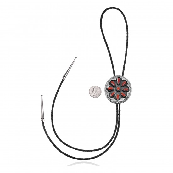 Handmade Certified Authentic Navajo .925 Sterling Silver Native American Coral Bolo Tie 34183 Handmade Certified Authentic Navajo .925 Sterling Silver Native American Coral Bolo Tie 34183