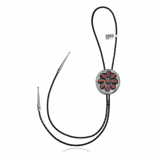 Handmade Certified Authentic Navajo .925 Sterling Silver Native American Coral Bolo Tie 34183 Handmade Certified Authentic Navajo .925 Sterling Silver Native American Coral Bolo Tie 34183