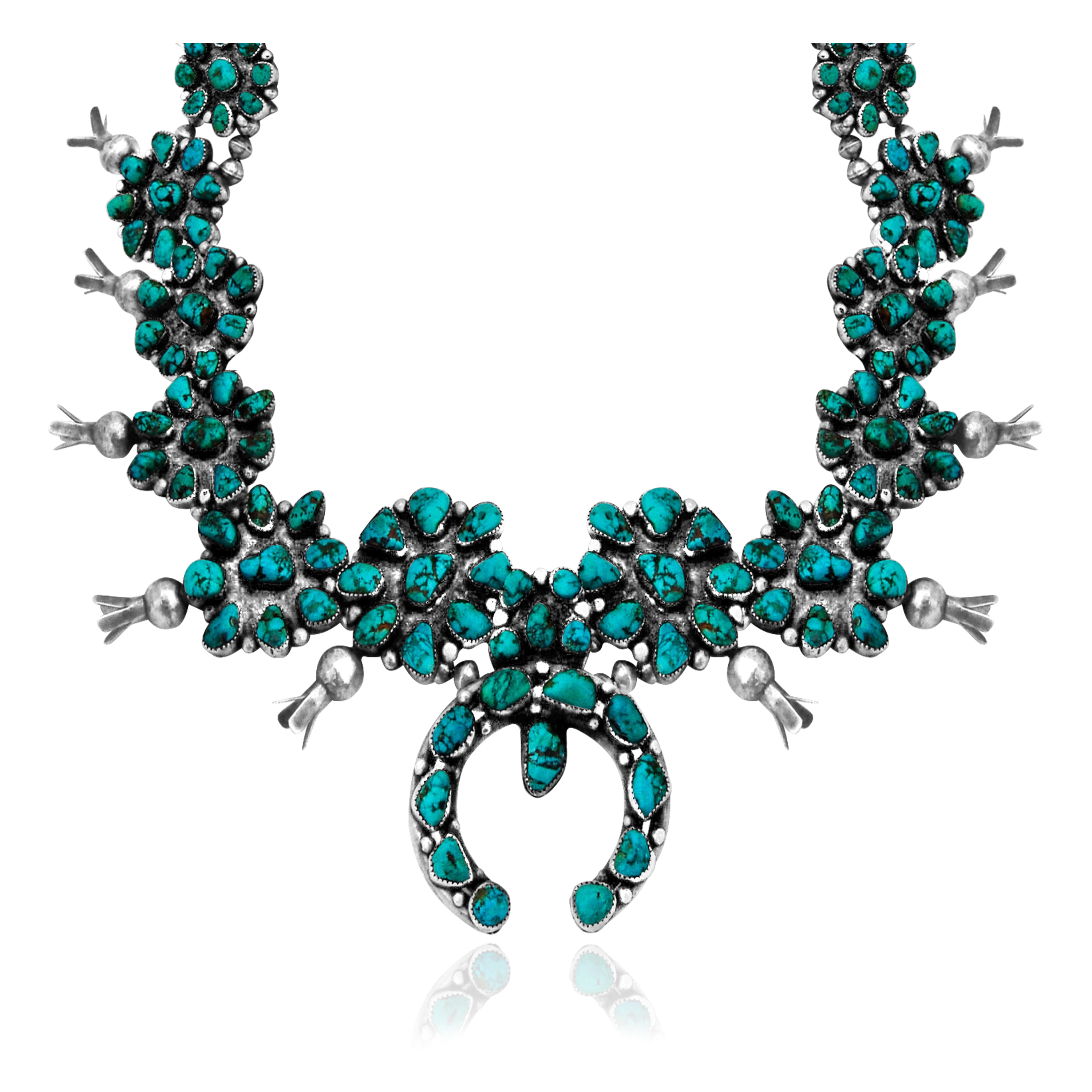 Flower Squash Blossom .925 Sterling Silver Certified Authentic Handmade Navajo Native American Natural Turquoise Necklace 35107 Flower Squash Blossom .925 Sterling Silver Certified Authentic Handmade Navajo Native American Natural Turquoise Necklace 35107