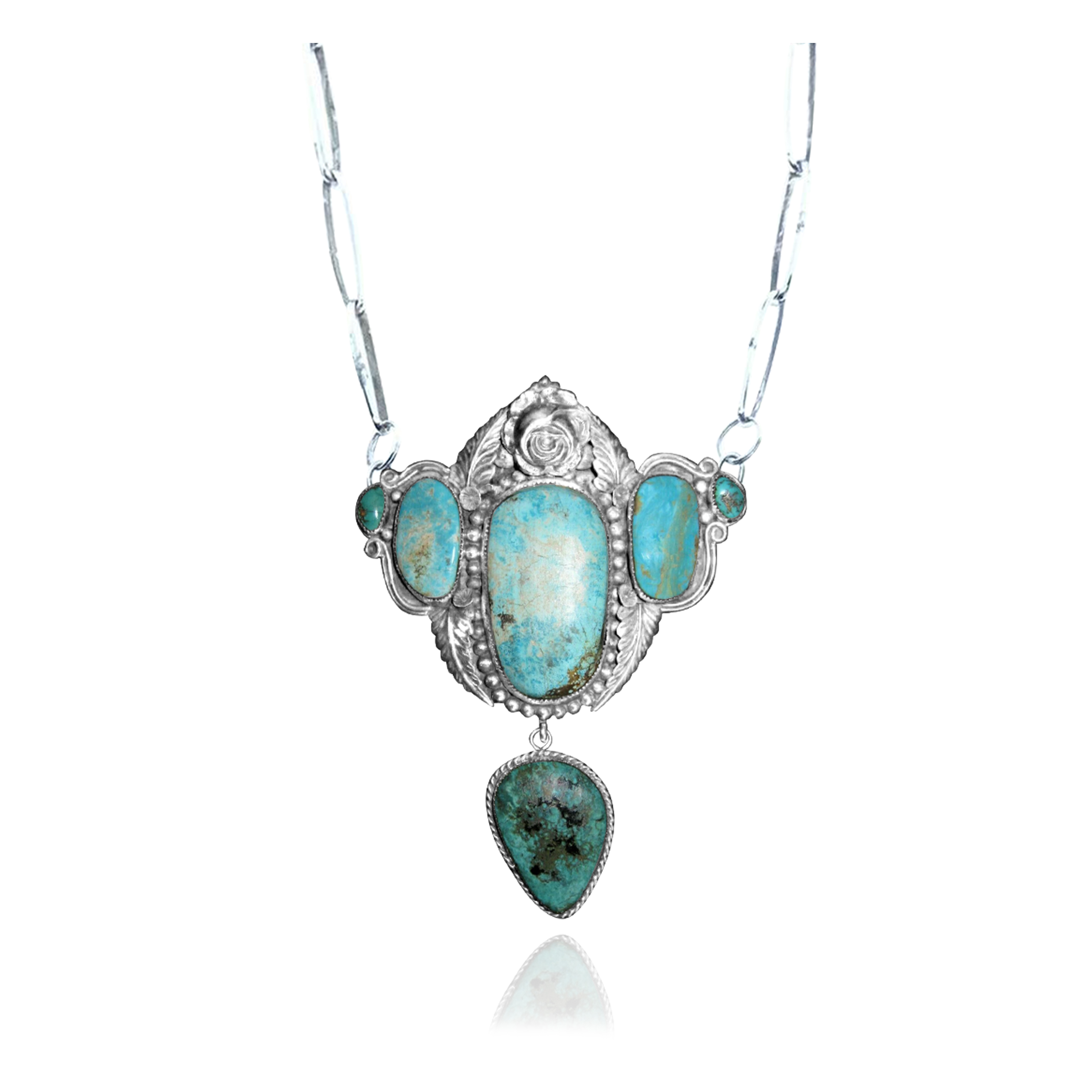 Flower Leaf .925 Sterling Silver Certified Authentic Navajo Native American Natural Turquoise Necklace 35175 Flower Leaf .925 Sterling Silver Certified Authentic Navajo Native American Natural Turquoise Necklace 35175