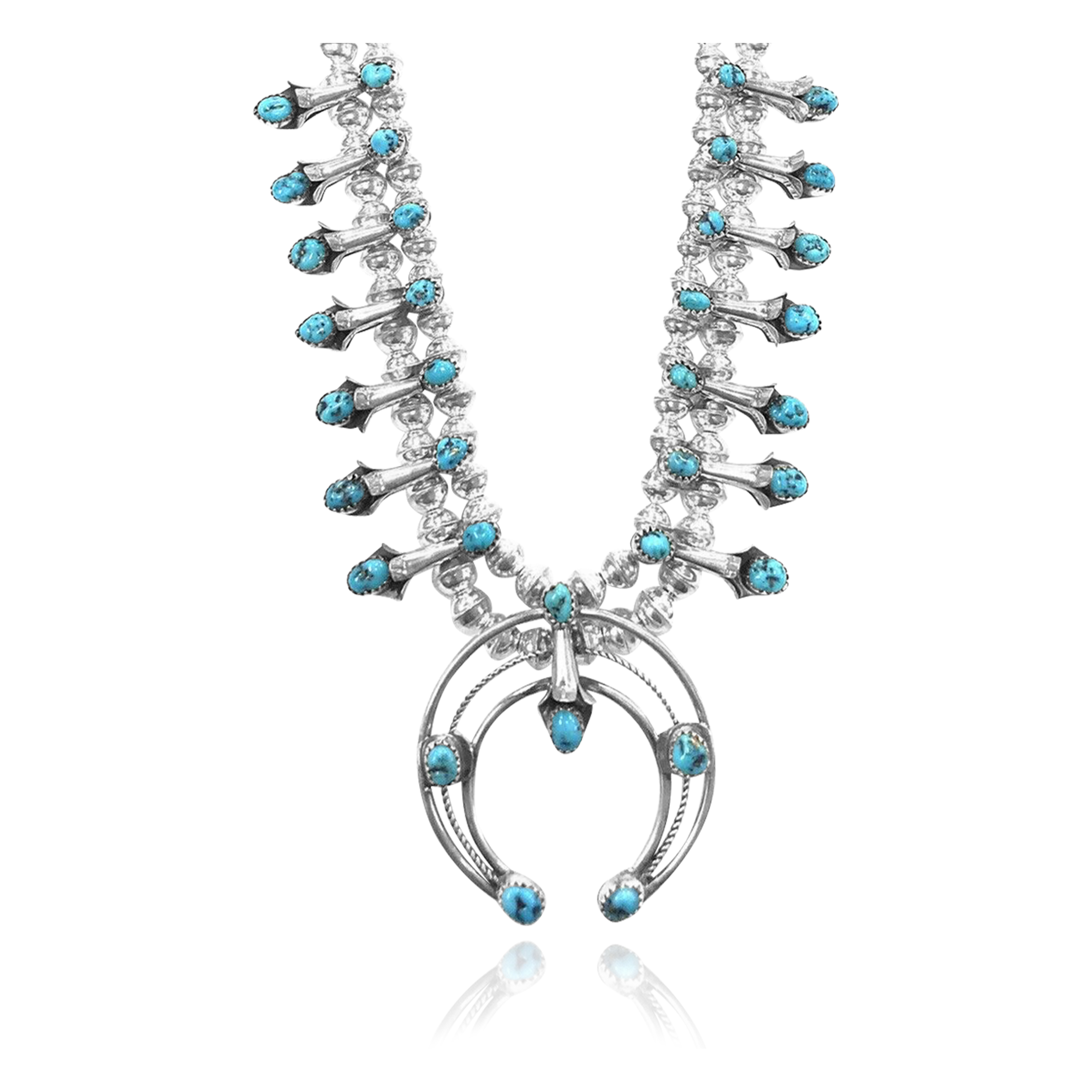 Squash Blossom .925 Sterling Silver Certified Authentic Navajo Native American Natural Turquoise Necklace 35176 Squash Blossom .925 Sterling Silver Certified Authentic Navajo Native American Natural Turquoise Necklace 35176