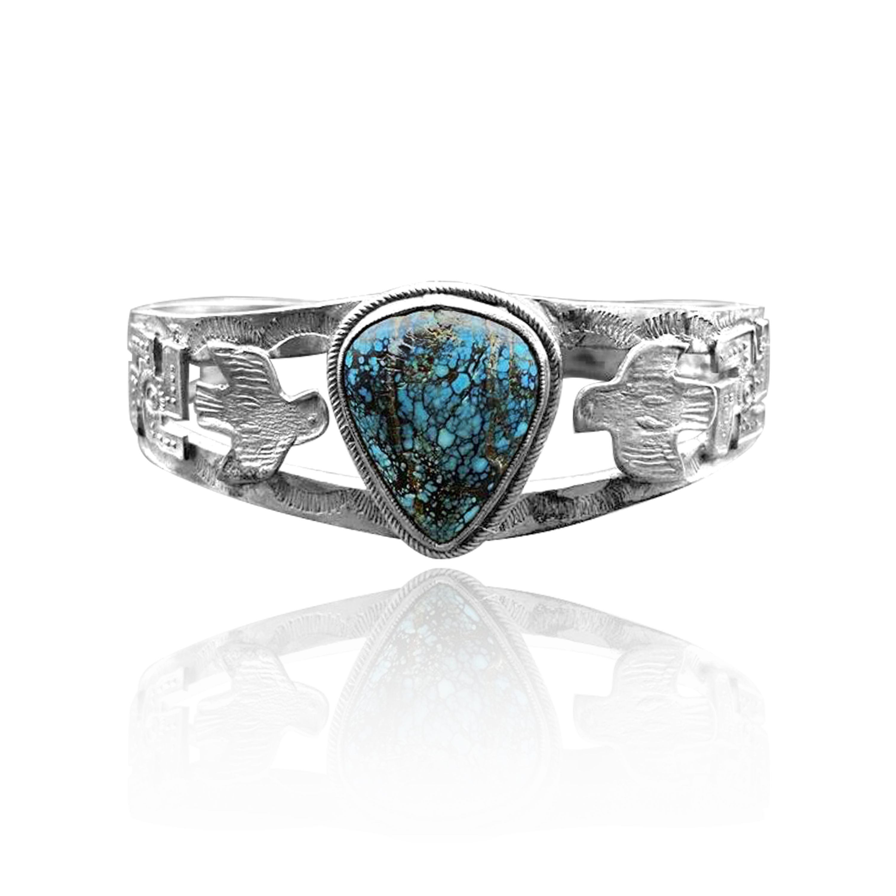 Thunderbird .925 Sterling Silver Certified Authentic Navajo Native American Natural Turquoise Cuff Bracelet 32101 Thunderbird .925 Sterling Silver Certified Authentic Navajo Native American Natural Turquoise Cuff Bracelet 32101