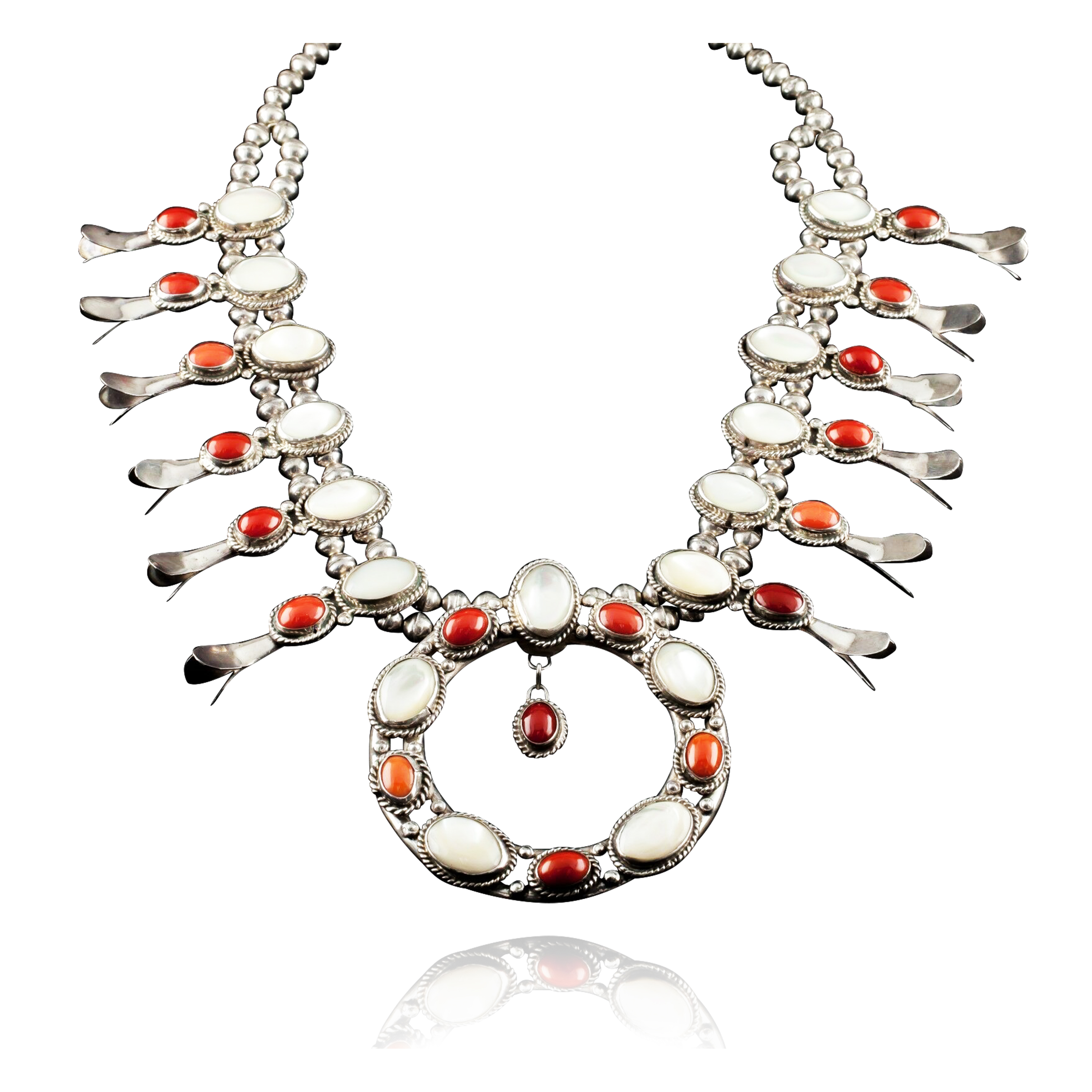 Squash Blossom .925 Sterling Silver Certified Authentic Navajo Native American Coral Necklace 35187 Squash Blossom .925 Sterling Silver Certified Authentic Navajo Native American Coral Necklace 35187