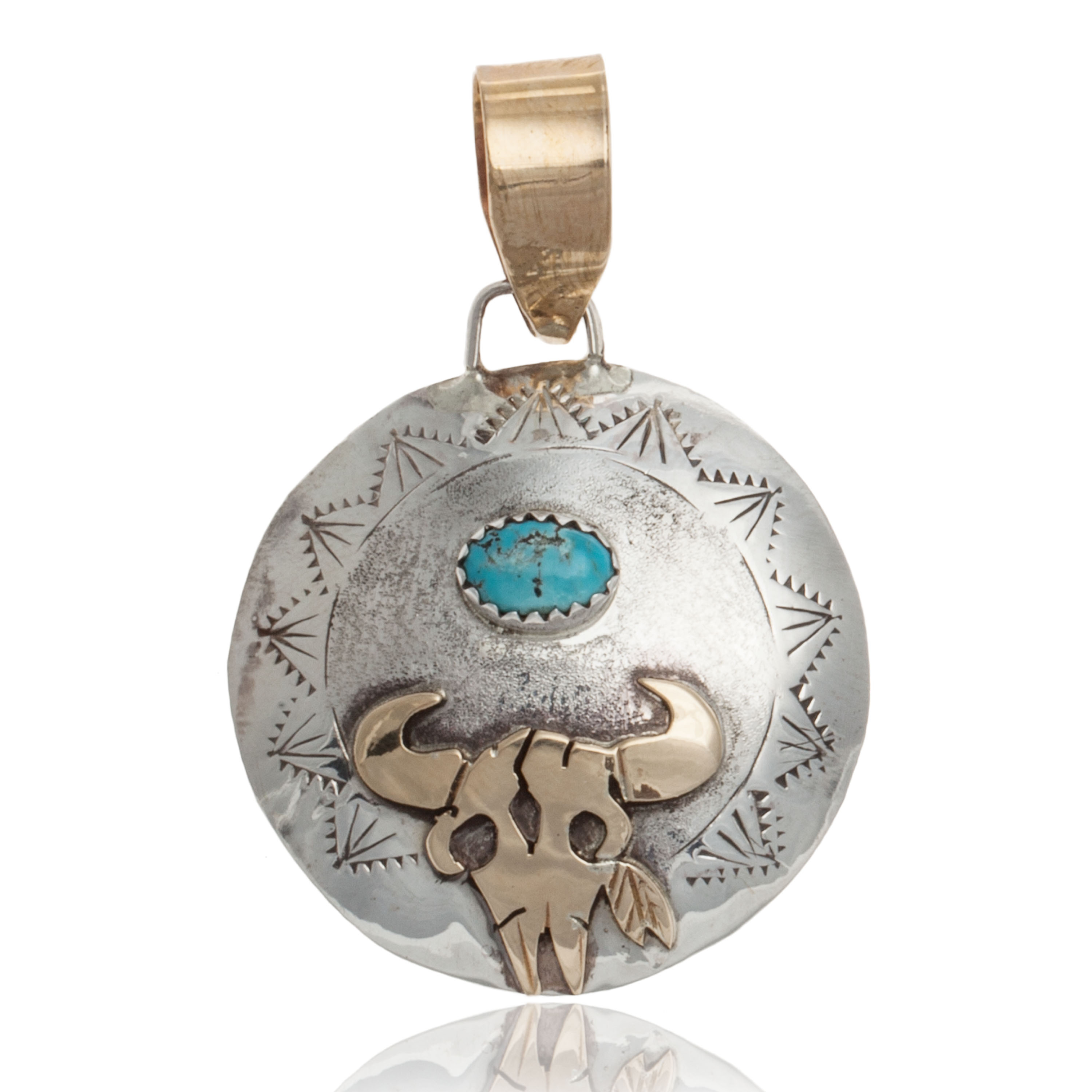 12kt Gold Filled and .925 Sterling Silver Certified Authentic Bull Skull Handmade Navajo Natural Turquoise Native American Pendant 17044-2 All Products NB160107225706 17044-2 (by LomaSiiva) 12kt Gold Filled and .925 Sterling Silver Certified Authentic Bull Skull Handmade Navajo Natural Turquoise Native American Pendant 17044-2 All Products NB160107225706 17044-2 (by LomaSiiva)