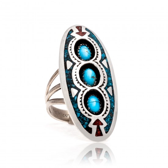 Arrow Shadow Box Natural Turquoise Chipped inlay Turquoise and Coral .925 Sterling Silver Certified Authentic Navajo Native American Handmade Ring 13204-6 All Products NB181009165427 13204-6 (by LomaSiiva) Arrow Shadow Box Natural Turquoise Chipped inlay Turquoise and Coral .925 Sterling Silver Certified Authentic Navajo Native American Handmade Ring 13204-6 All Products NB181009165427 13204-6 (by LomaSiiva)