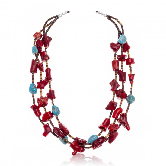 Natural Turquoise, Coral .925 Sterling Silver Certified Authentic Navajo Native American 3 Strand Necklace 25507 All Products NB160108003807 25507 (by LomaSiiva) Natural Turquoise, Coral .925 Sterling Silver Certified Authentic Navajo Native American 3 Strand Necklace 25507 All Products NB160108003807 25507 (by LomaSiiva)